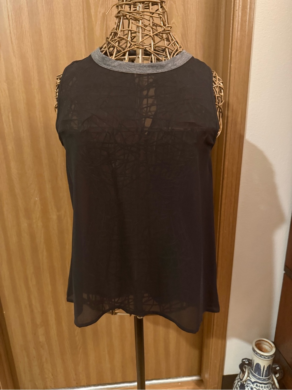 Elodie Black Sheer Sleeveless Tank with Metallic Silver Trim